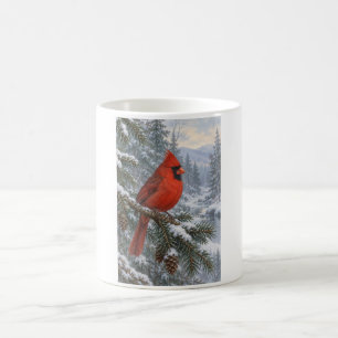Winterkardinal an schneebedeckter Kiefer an einem Kaffeetasse