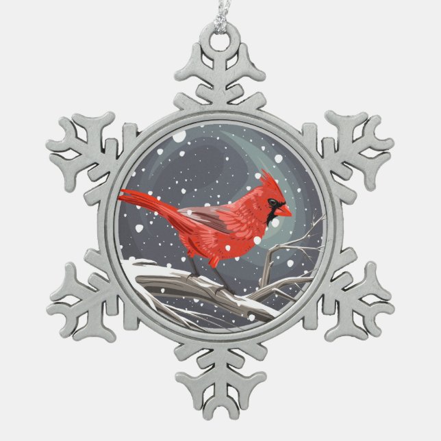 Winterkardinal Schneeflocken Zinn-Ornament (Vorderseite)