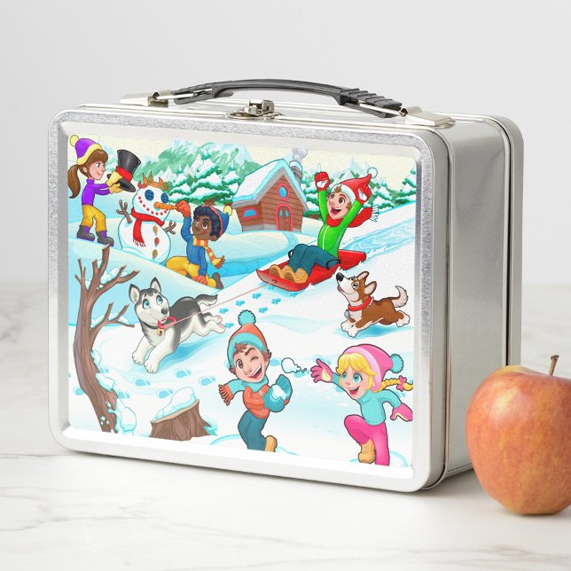 Winterkids Metall Brotdose (Illustration of a metal lunchbox with a cartoon scene of children playing in the snow!)