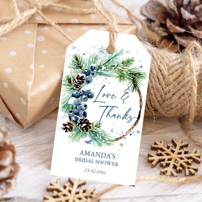 Winterkiefer für Brautparty Geschenkanhänger (Winter bridal shower watercolor pines wreath template favor gift tags thank you favor tags)