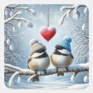 Winterkikaden mit rotem Herzen Quadratischer Aufkleber