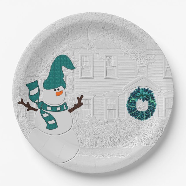Winterkranz Aquamarin mit Snowman Holiday House Pappteller (Vorderseite)