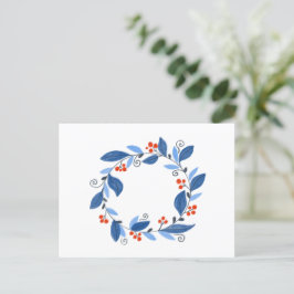 Winterkranz. Blaue Blätter und rote Beeren Postkarte