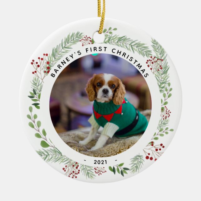 Winterkranz-Hunde Weihnachten im Foto Keramik Ornament (Vorne)