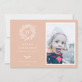 Winterkranz-Monogramm-Urlaubskarte | Rosa Feiertagskarte