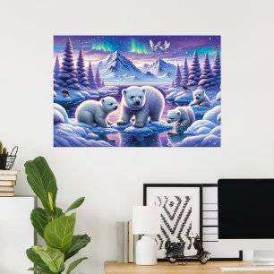 Winterkunst mit Nordlichtern und Eisbärenjungen Poster