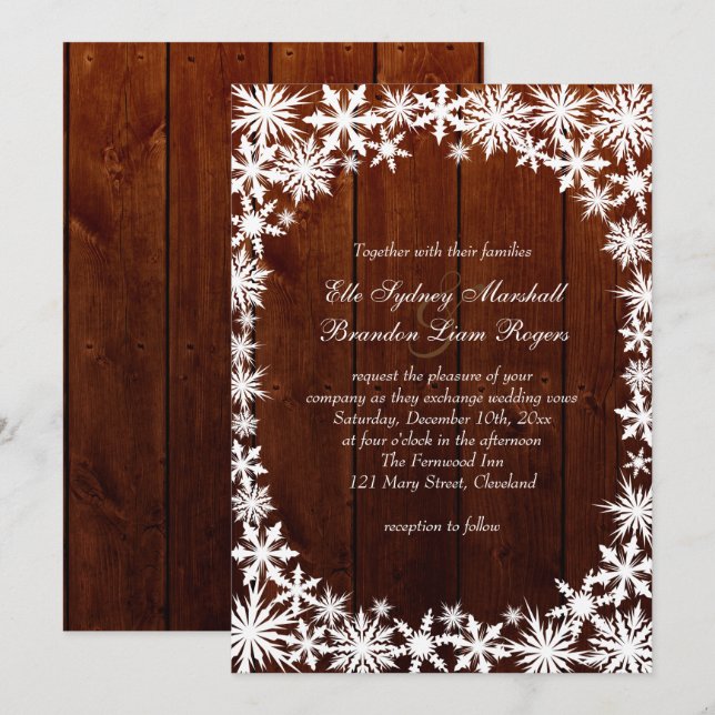 Winterlace auf dunklem Holz Einladung zur Hochzeit (Vorne/Hinten)