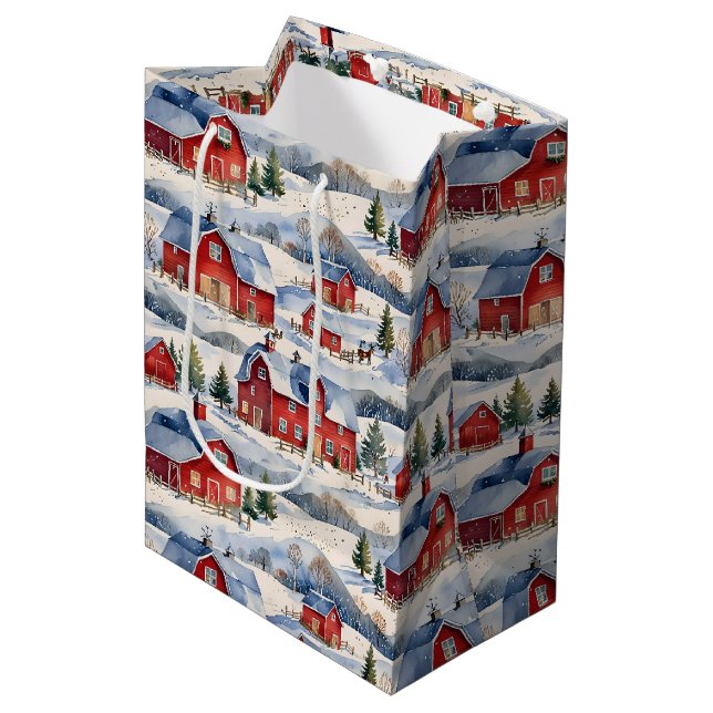 Winterlandbauernhof & Rote Ställe Mittlere Geschenktüte (Vorderseite Schrägansicht)