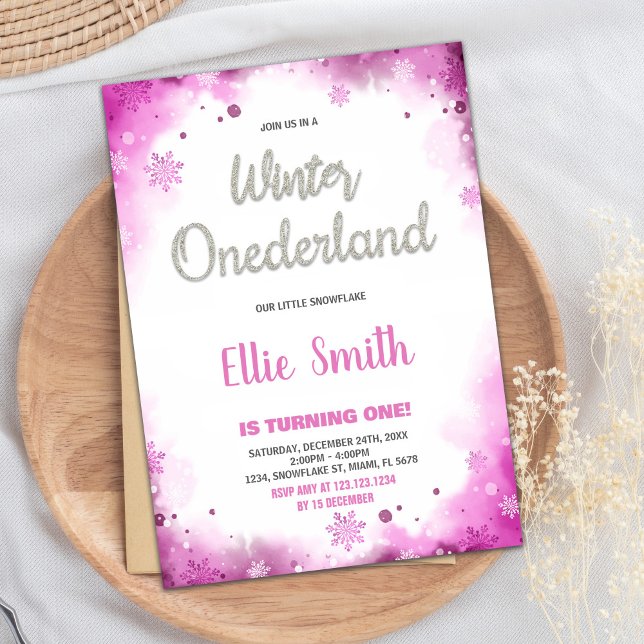 Winterlandschaft 1. Geburtstag Einladungen Rosa (winter onederland 1st birthday invitations Pink)