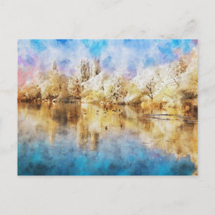 Winterlandschaft an Havel mit Enten, Aquarell. Postkarte