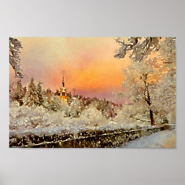 Winterlandschaft Aquarellmalerei Poster (Vorne)