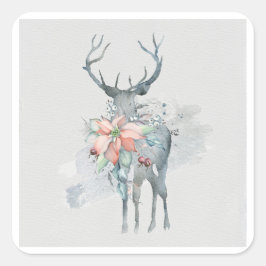 Winterlandschaft Deer Poinsettias Wasserfarbene Na Quadratischer Aufkleber