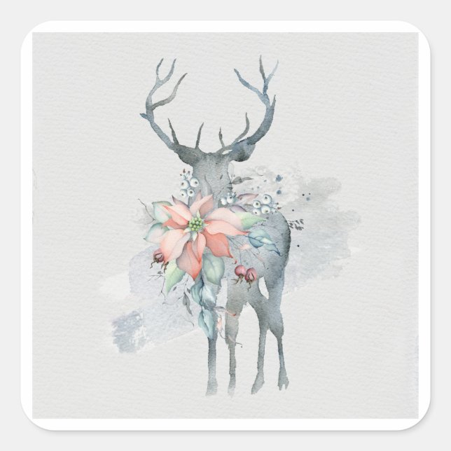 Winterlandschaft Deer Poinsettias Wasserfarbene Na Quadratischer Aufkleber (Vorderseite)