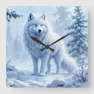 Winterlandschaft des weißen Arktischen Wolfes Quadratische Wanduhr