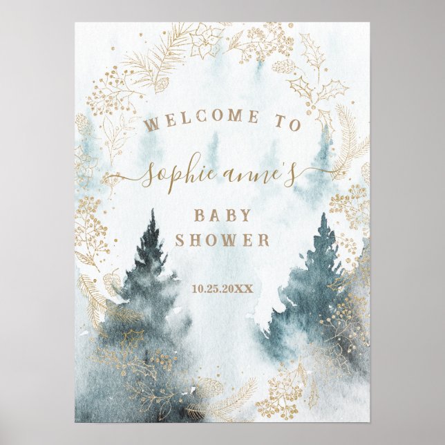 Winterlandschaft Gold Baby Dusche Begrüßungszeiche Poster (Vorne)