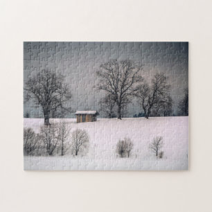 Winterlandschaft, Hügel und Bäume, Hütte