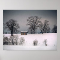 Winterlandschaft, Hügel und Bäume, Hütte