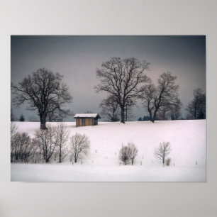 Winterlandschaft, Hügel und Bäume, Hütte Poster