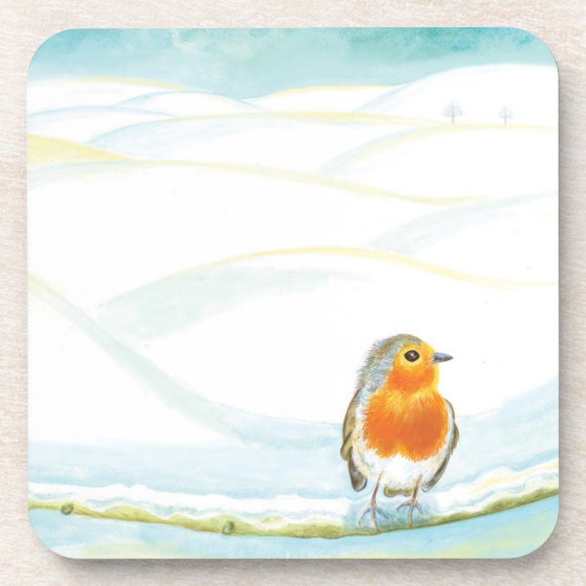 Winterlandschaft Illustration mit Robin Getränkeuntersetzer (Vorderseite)