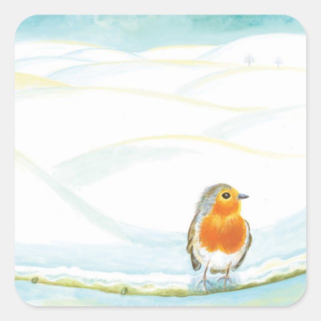 Winterlandschaft Illustration mit Robin Quadratischer Aufkleber (Vorderseite)