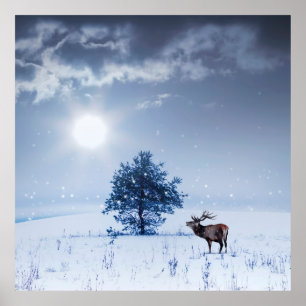 Winterlandschaft in blauer Farbe. Einmaliger Baum Poster