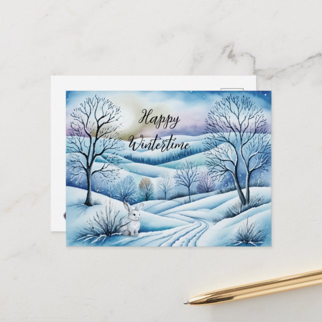 Winterlandschaft in der Abenddämmerung mit Hase | Postkarte (Vorderseite/Rückseite Beispiel)