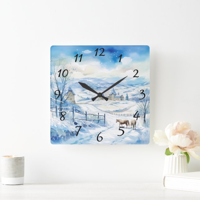 Winterlandschaft mit Bergen und Pferden Quadratische Wanduhr (Zuhause)