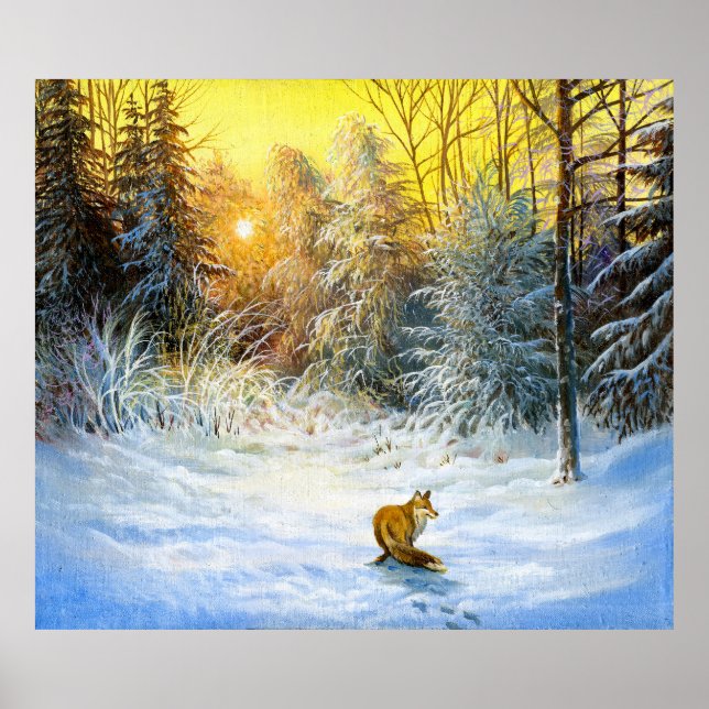 Winterlandschaft mit Fuchs im Niedergang Poster (Vorne)