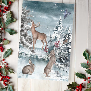 Winterlandschaft mit Hirschen und Kaninchen Aquare Seidenpapier