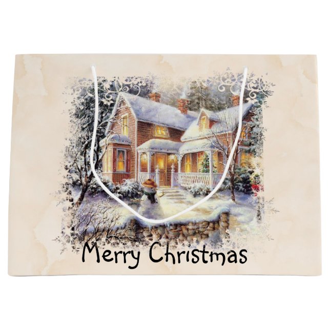 Winterlandschaft mit Hütte und Schneemann Große Geschenktüte (Vorderseite)