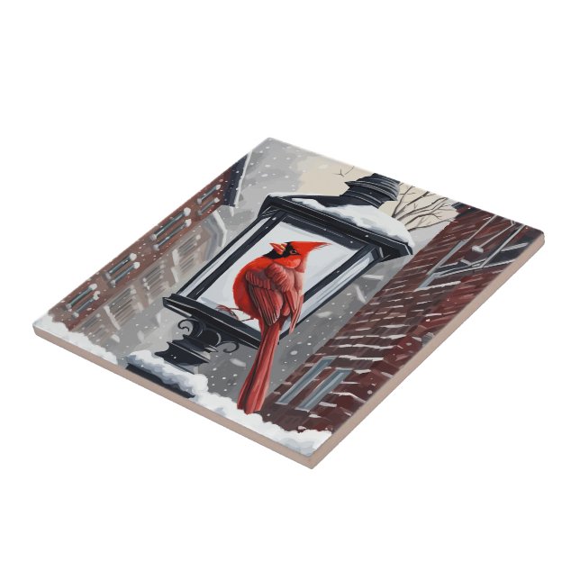 Winterlandschaft mit Kardinalvogel Fliese (Seite)