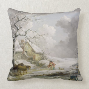 Winterlandschaft mit Männern Schneeballspiel und a Kissen