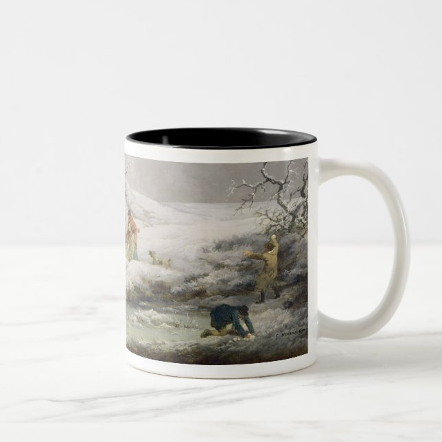 Winterlandschaft mit Männern Schneeballspiel und a Zweifarbige Tasse (Rechts)