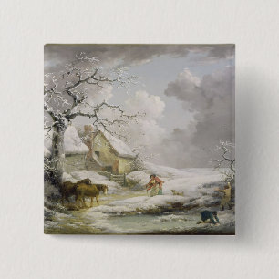 Winterlandschaft mit Männern Schneeballspiel und Button