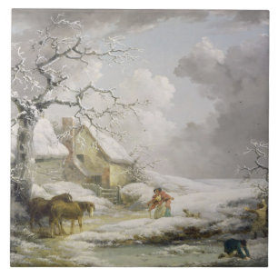 Winterlandschaft mit Männern Schneeballspiel und  Fliese