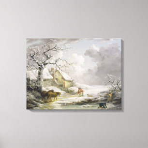 Winterlandschaft mit Männern Schneeballspiel und  Leinwanddruck