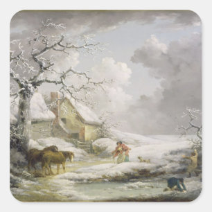Winterlandschaft mit Männern Schneeballspiel und  Quadratischer Aufkleber