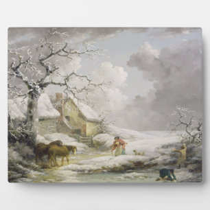 Winterlandschaft mit Männern Snowballspielen und A Fotoplatte