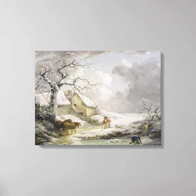 Winterlandschaft mit Männern Snowballspielen und A Leinwanddruck (Vorderseite)