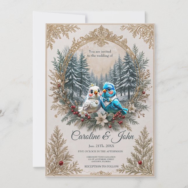 Winterlandschaft mit niedlichem Vogelhochzeitpaar. Einladung (Vorderseite)