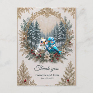 Winterlandschaft mit niedlichem Vogelhochzeitpaar. Postkarte