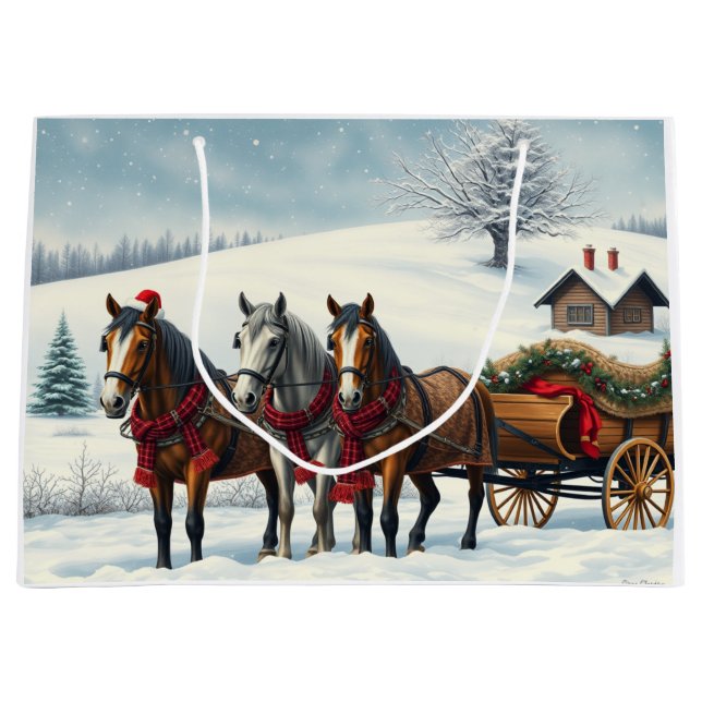 Winterlandschaft mit Pferden und Hütten Große Geschenktüte (Vorderseite)