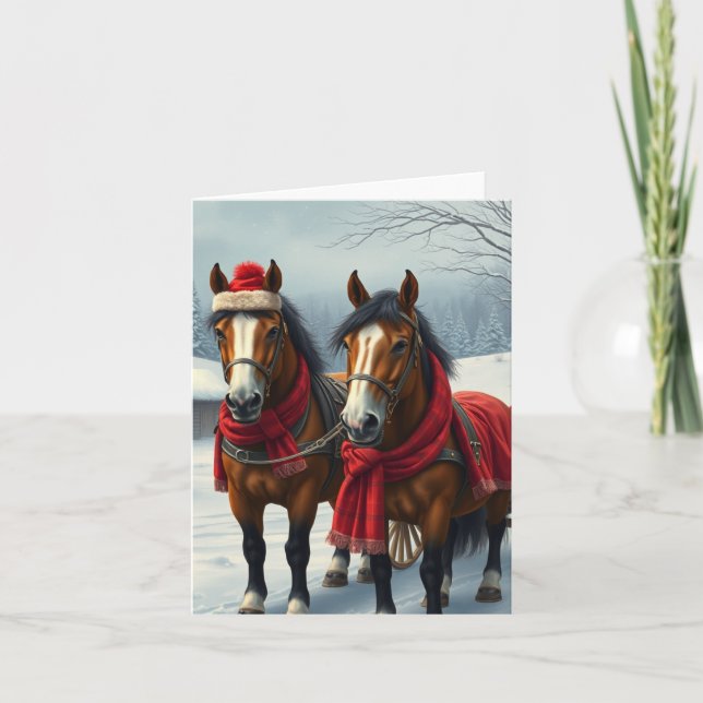 Winterlandschaft mit Pferden und Hütten Karte (Vorderseite)