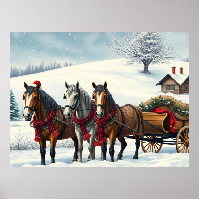 Winterlandschaft mit Pferden und Hütten Poster (Vorne)