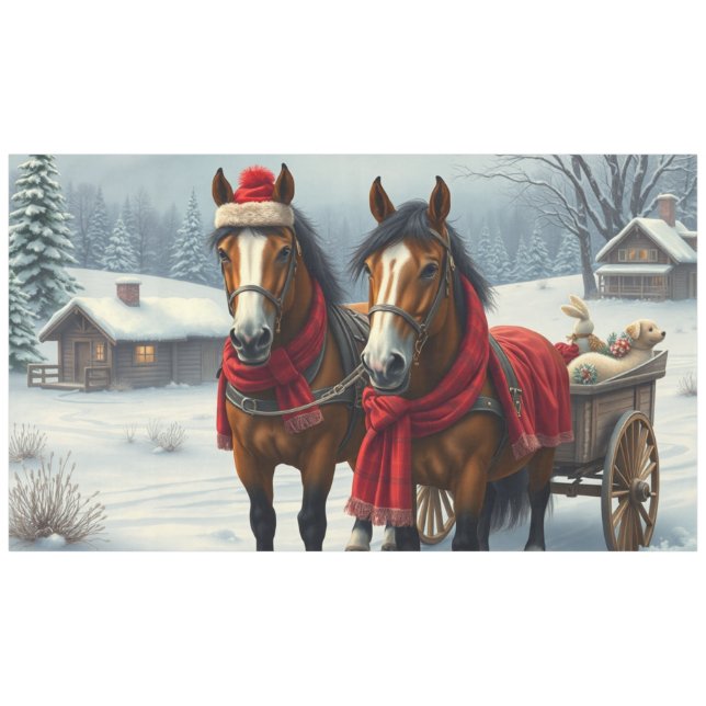 Winterlandschaft mit Pferden und Hütten Tischdecke (Vorderseite (Horizontal))