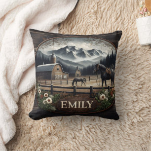 Winterlandschaft mit Pferden und Stall Kissen