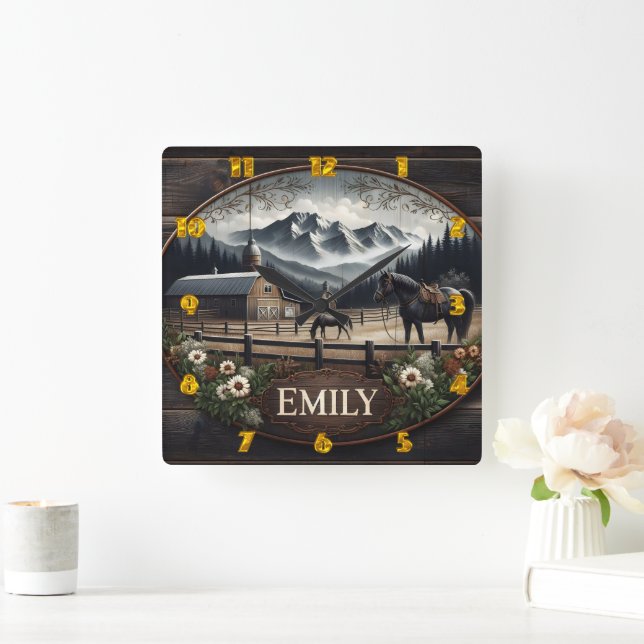 Winterlandschaft mit Pferden und Stall Quadratische Wanduhr (Zuhause)