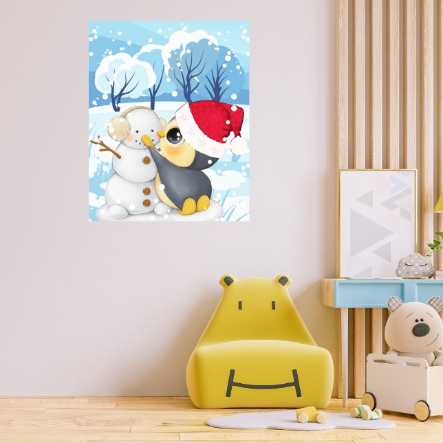 Winterlandschaft mit Pinguin und Schneemann Poster (Von Creator hochgeladen)
