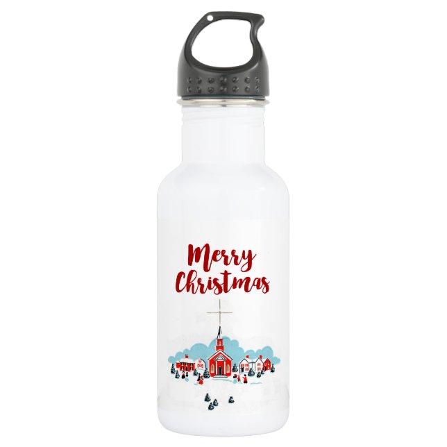Winterlandschaft mit Roter Kirche und Weihnachtsst Edelstahlflasche (Vorderseite)