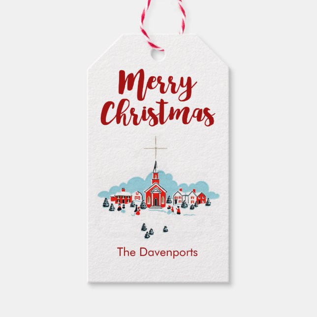 Winterlandschaft mit Roter Kirche und Weihnachtsst Geschenkanhänger (Vorderseite)